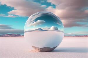 glass sphere with cloud reflections salt flat illustration photo