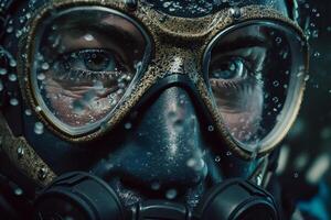 man face under water in waterproof goggles photo