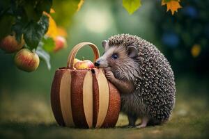 hedgehog collects apples in the garden in a basket illustration photo