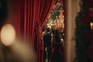 luxury velvet red curtain concealing entrance on scene photo
