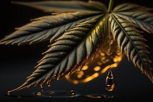 medical cbd golden oil drop on cannabis leaf illustration photo