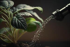 watering hose nourishes plants with a water stream photo