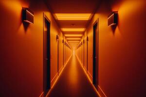 illuminated orange empty hotel corridor photo