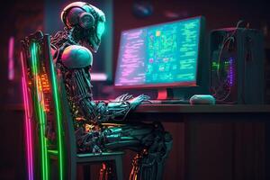 neon cyber robot working computer workplace illustration photo
