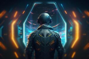 futuristic robot cyborg in sci-fi tunnel back view illustration photo
