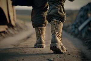 man legs with boots walking a ground round photo