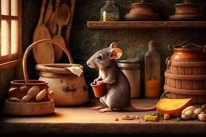 ratón en cocina mirando ventana, ilustración generativo ai foto