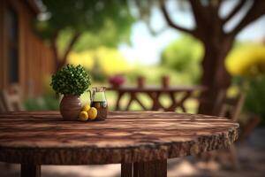 display wooden table with empty copy space on green blurred garden background photo