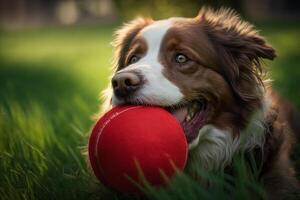 perro en el césped en el parque participación un rojo pelota en su boca generativo ai foto