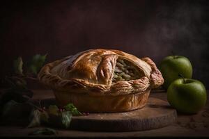 sweet rustic apple pie with sliced apples photo