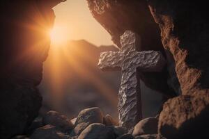 God sun light of faith,cross in rock photo