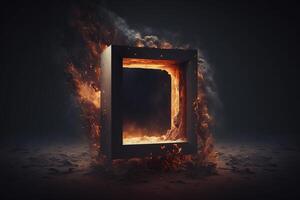 cube burning fire frame in the dark photo