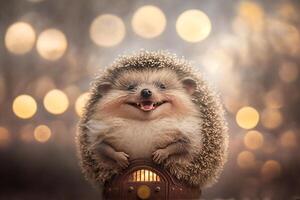 hedgehog with happy smile bright light background photo