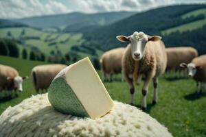 cheesy dairy products on the background of a mountain green meadow photo