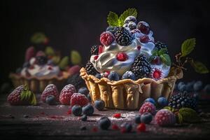 dulce tarta con azul rojo bosque baya ilustración generativo ai foto