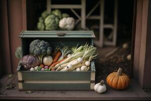 cofre con verduras, comida almacenamiento ilustración generativo ai foto