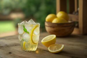 fresh lemonade with ice cubes and lemon photo