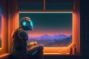 sad robot looks out the window, robotic recognizes emotions illustration photo