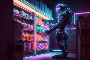 futuristic robot in the shop market makes purchases cyber style illustration photo