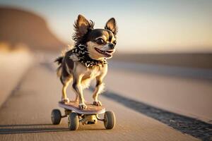 funny pet chihuahua dog on a skateboard photo