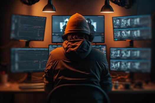 hacker trabajando detrás computadora monitores ilustración generativo ai foto