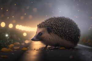 hedgehog in the fog on the road photo