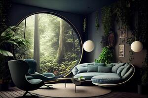 room in with elements of nature with the forest outside the window illustration photo