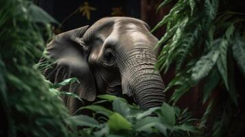 elephant animal peeking out of the jungle leaves photo