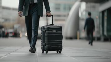 hombre en traje con viaje bolso maleta viaje concepto generativo ai foto