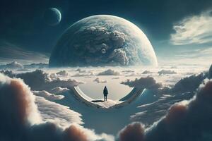 man high in the sky among white clouds, pure mind is the way to success photo