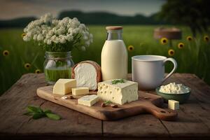 cheese and dairy products on nature background photo