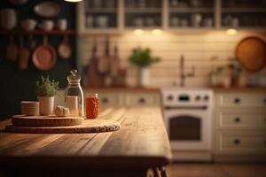 empty wooden table on kitchen photo