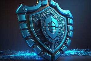 cyber security, guard data protection shield neon blue color illustration photo