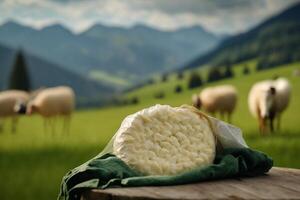 caseoso lechería productos en el antecedentes de un montaña verde prado generativo ai foto