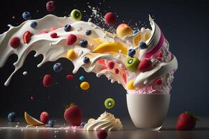 postre Leche yogur con frutas bayas vuelo ilustración generativo ai foto