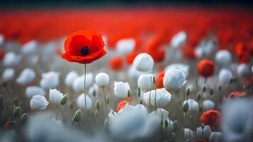 a field with white poppies and one red bloom flower photo