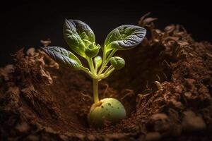 un planta viene fuera de un semilla en el suelo generativo ai foto