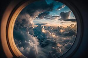 nublado Dom cielo fuera de el avión ventana generativo ai foto
