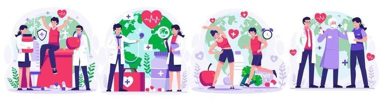 ilustración conjunto de mundo salud día concepto con grupo de personal médico doctores y enfermeras, personas vivo sano actividad, persona correr, ciclismo, yoga. vector ilustración