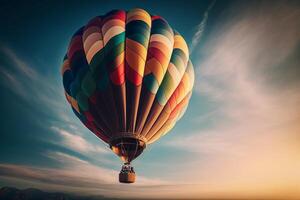 un lote de caliente aire globos en el puesta de sol noche cielo generativo ai foto