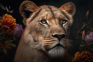 portrait of a lioness head on flowers photo