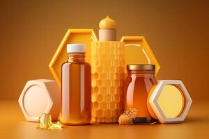 propóleos botellas con abeja extraer productos cosméticos establecido en cera de abejas belleza piel cuidado ilustración generativo ai foto