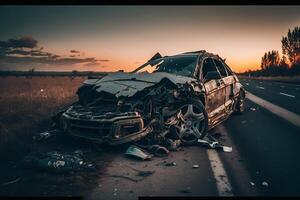 accidente estrellado coche en la carretera ilustración generativo ai foto