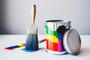 rainbow paint and brush in a white room for painting the walls illustration photo