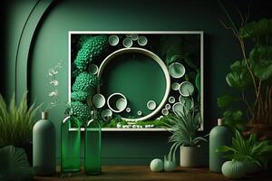green wall with frame mockup with plants decoration beauty interior Generative AI photo