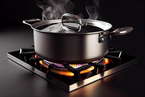 Cooking with metal saucepan on the fired burner illustration photo