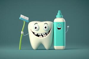 tooth funny character with toothbrush dental care, oral hygiene illustration photo