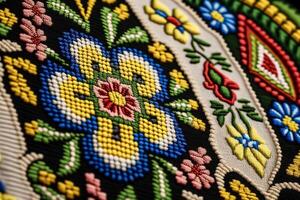 ukrainian vyshyvanka, handmade embroidery on fabrics with colored patterns photo