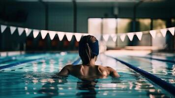 woman in swimming cap, sports swimming in the pool back view photo