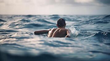 man in the water swims in the open ocean sea photo